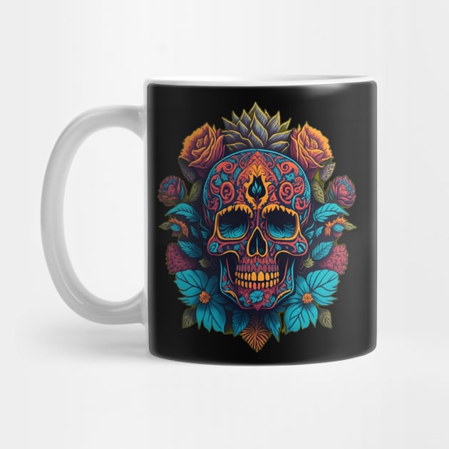 Floral Symphony: Red, Blue, and Gold Sugar Skull Art Surrounded by Flowers by ImaginativeInkPOD